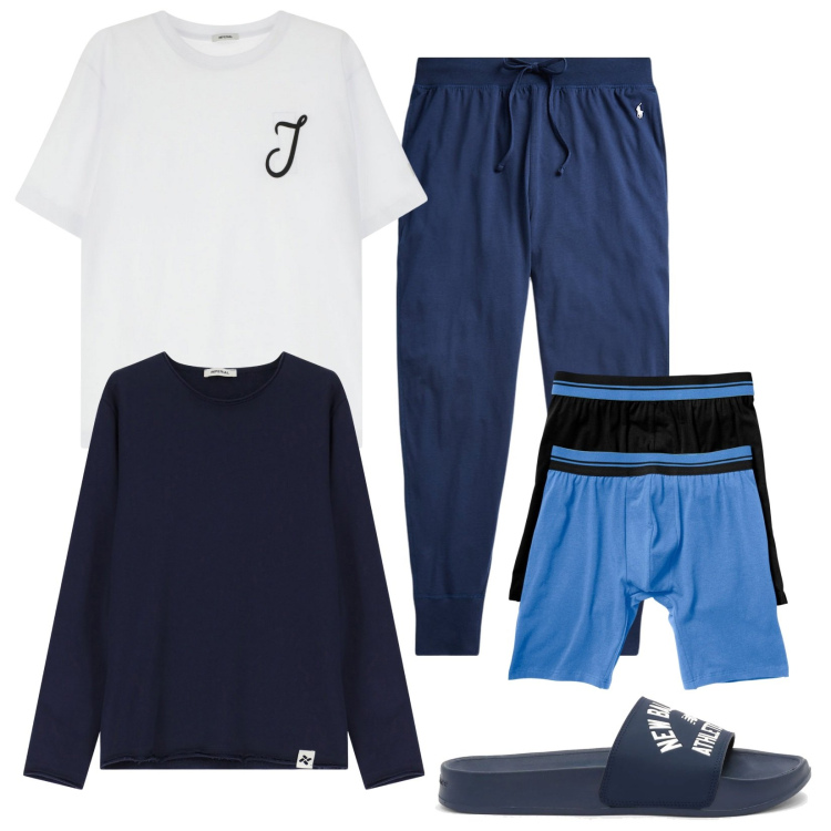Outfit uomo - Stasera non esco. Stile Casual per Tutti i giorni. Abbinamento con boxer, sandali, t-shirt, felpe, pantaloni.