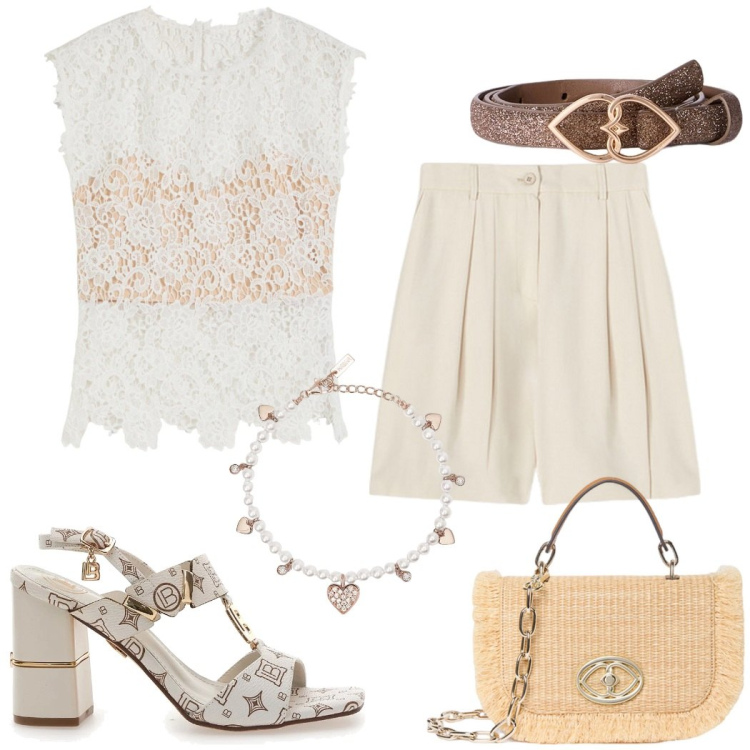 Outfit donna - Colori neutri da giorno. Stile Bon Ton per Cerimonia. Abbinamento con top, braccialetti, shorts, sandali col tacco, cinture, borse a tracolla.