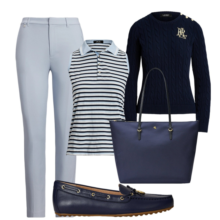Outfit donna - Righe RL. Stile Casual chic per Ufficio. Abbinamento con maglieria, mocassini, borse tote, polo, pantaloni.