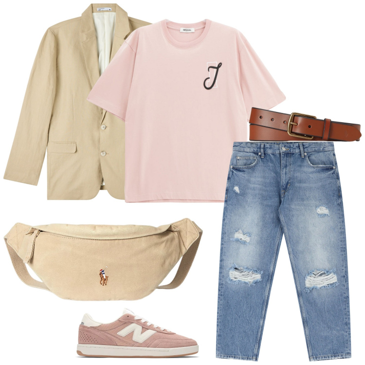 Outfit uomo - Maggio fresco. Stile Trendy per Tutti i giorni. Abbinamento con giacche, sneakers, t-shirt, jeans strappati, cinture, borse sportive.