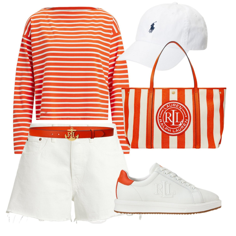 Outfit donna - Le mille righe. Stile Sporty chic per Tutti i giorni. Abbinamento con cappelli, borse tote, cinture, sneakers, t-shirt, shorts.