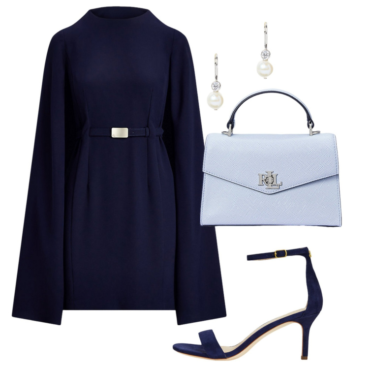 Outfit donna - Abito in georgette con mantella. Stile Chic per Cerimonia. Abbinamento con orecchini, borse a mano, vestiti, sandali in pelle.