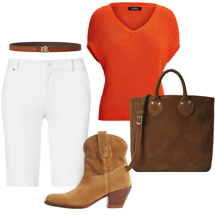 Outfit donna - Stivali western in vitello scamosciato. Stile Casual chic per Tutti i giorni. Abbinamento con stivaletti, cinture, pantaloni corti, borse tote, t-shirt.