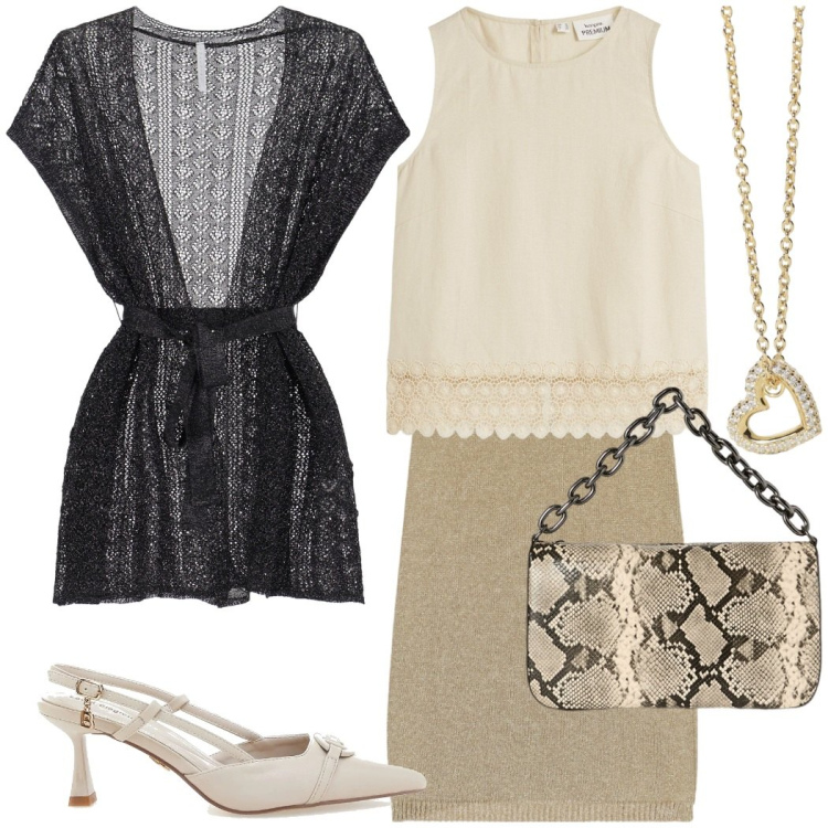 Outfit donna - Cena fuori. Stile Chic per Serata fuori. Abbinamento con top, collane, gonne longuette, cappotti, décolleté, borse a tracolla.