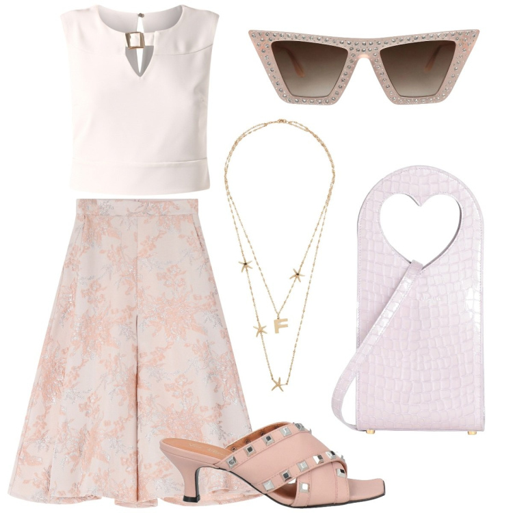 Outfit donna - Primavera in arrivo. Stile Glamour per Tutti i giorni. Abbinamento con occhiali da sole, borse a mano, sandali in pelle, collane, top, gonne.