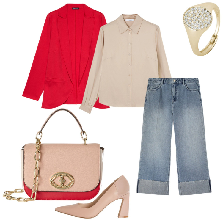 Outfit donna - Trendy. per Tutti i giorni. Abbinamento con anelli, blazer, camicie, jeans, décolleté, borse a tracolla.