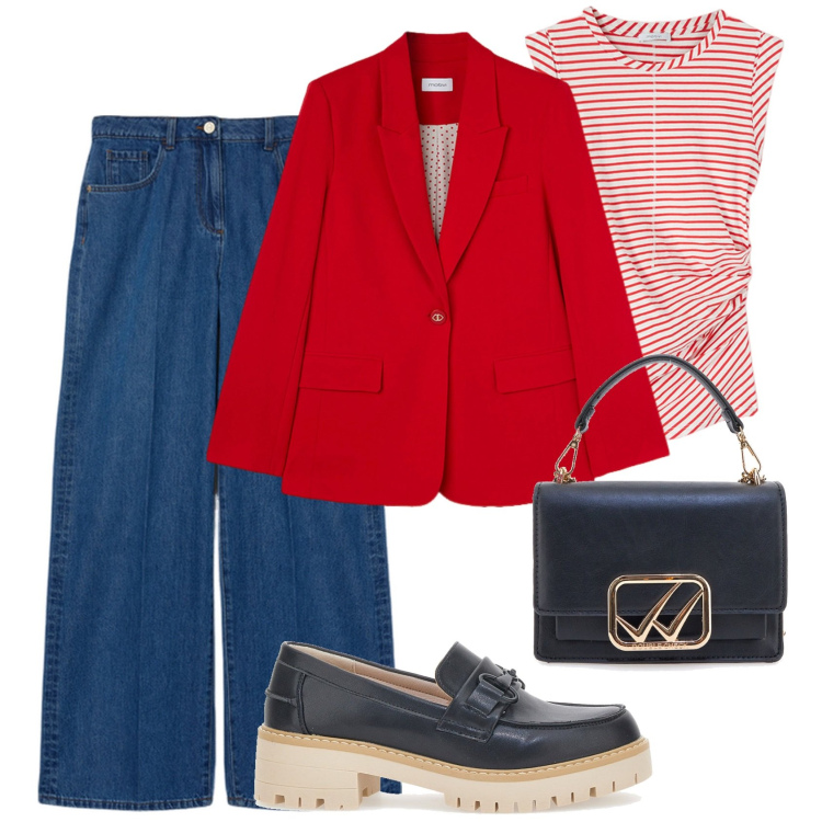 Outfit donna - Stile urbano. Stile Urban per Tutti i giorni. Abbinamento con mocassini, borse a tracolla, blazer, jeans, top.