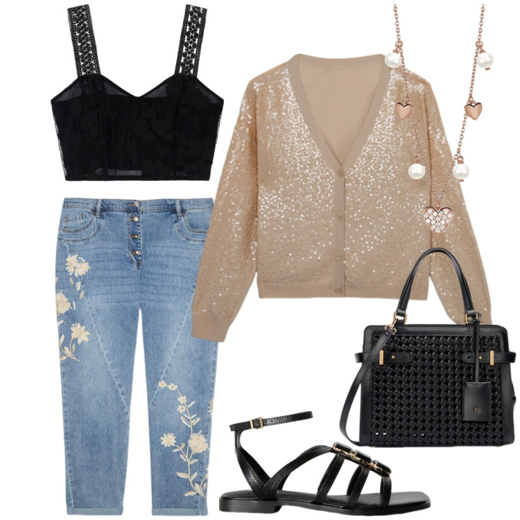 Outfit donna - Jeans ricamati. Stile Casual chic per Serata fuori. Abbinamento con collane, top, jeans, cardigans, borse a mano, sandali gioiello.