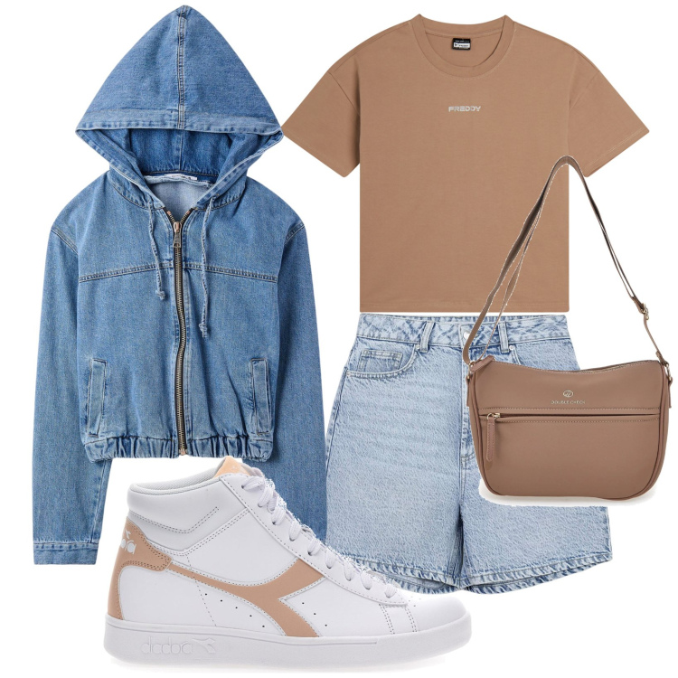 Outfit donna - Libertà in città. Stile Minimal Abbinamento con bermuda, blazer, t-shirt, borse a tracolla, sneakers.