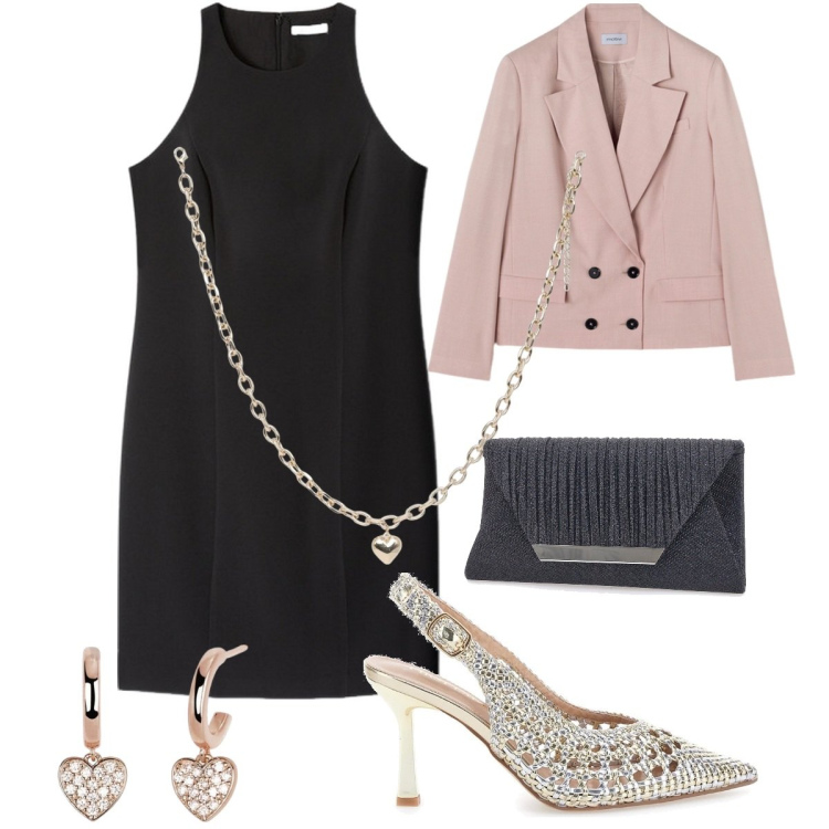 Outfit donna - Il minidress nero. Stile Chic per Serata fuori. Abbinamento con collane, orecchini, décolleté, pochette, blazer, vestiti corti.