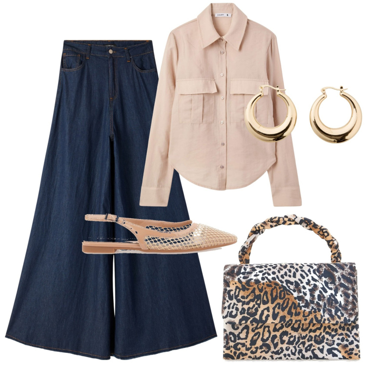 Outfit donna - Jeans flare e bag animalier. Stile Glamour per Tutti i giorni. Abbinamento con orecchini, camicie, jeans, pochette, ballerine.