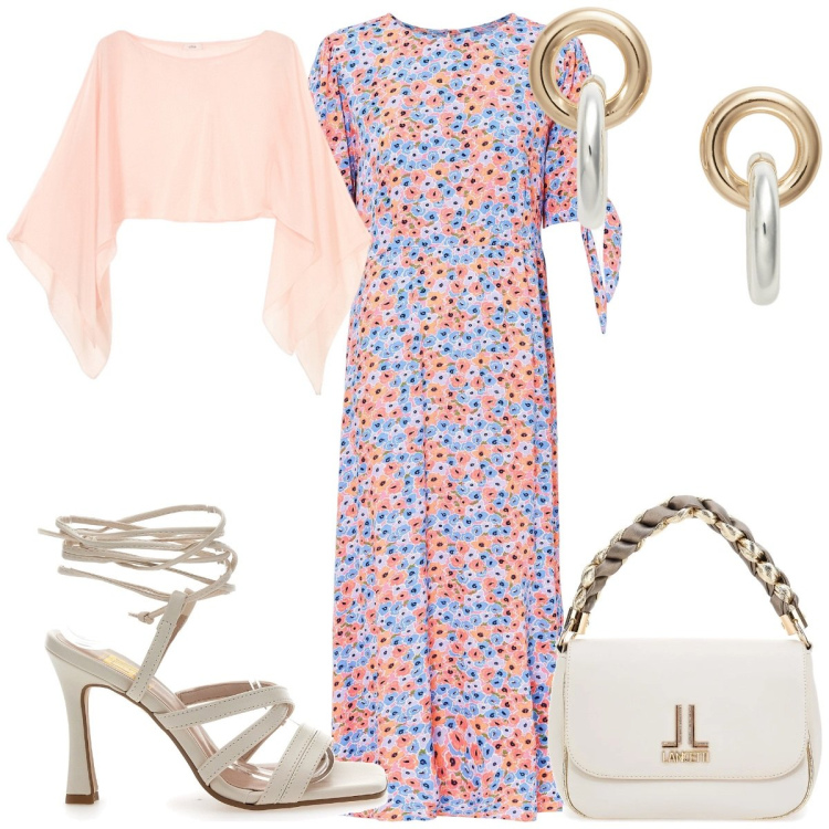 Outfit donna - Total look #2125315. Stile Boho per Cerimonia. Abbinamento con vestiti midi/longuette, orecchini, borse a tracolla, sandali col tacco, bolero.