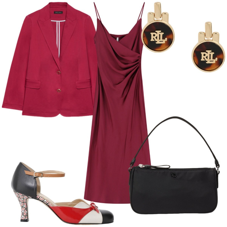 Outfit donna - Total look #2125319. Stile Trendy per Cerimonia. Abbinamento con vestiti midi/longuette, décolleté, orecchini, pochette, blazer.