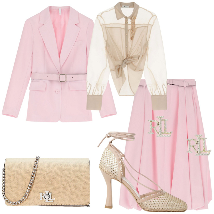 Outfit donna - Maggio in rosa. Stile Bon Ton per Cerimonia. Abbinamento con gonne longuette, blazer, décolleté, camicie, orecchini, borse a tracolla.