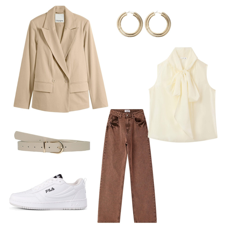 Outfit donna - Casual chic. Stile Bon Ton per Ufficio. Abbinamento con blazer, bluse, cinture, jeans, orecchini, sneakers.