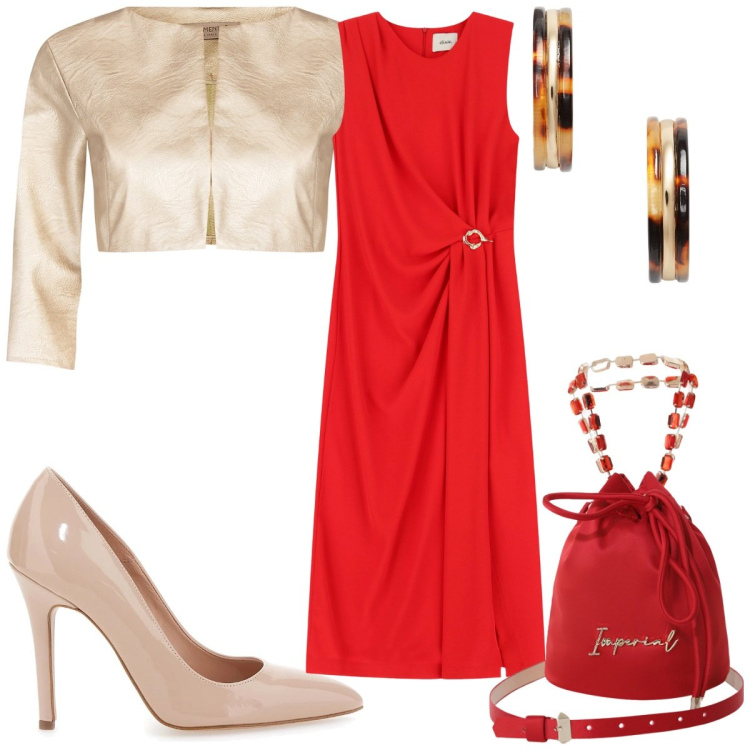 Outfit donna - Total look #2125325. Stile Trendy per Cerimonia. Abbinamento con bolero, borse a secchiello, vestiti midi/longuette, orecchini, décolleté.