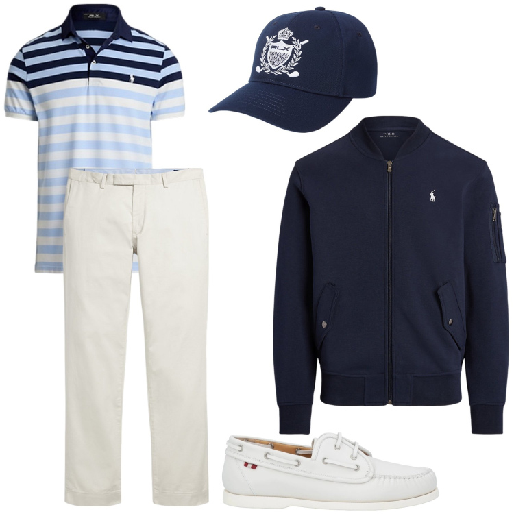 Outfit uomo - Gita in barca a vela. Stile Trendy per Mare. Abbinamento con scarpe stringate, pantaloni chino, bomber, polo, cappelli.