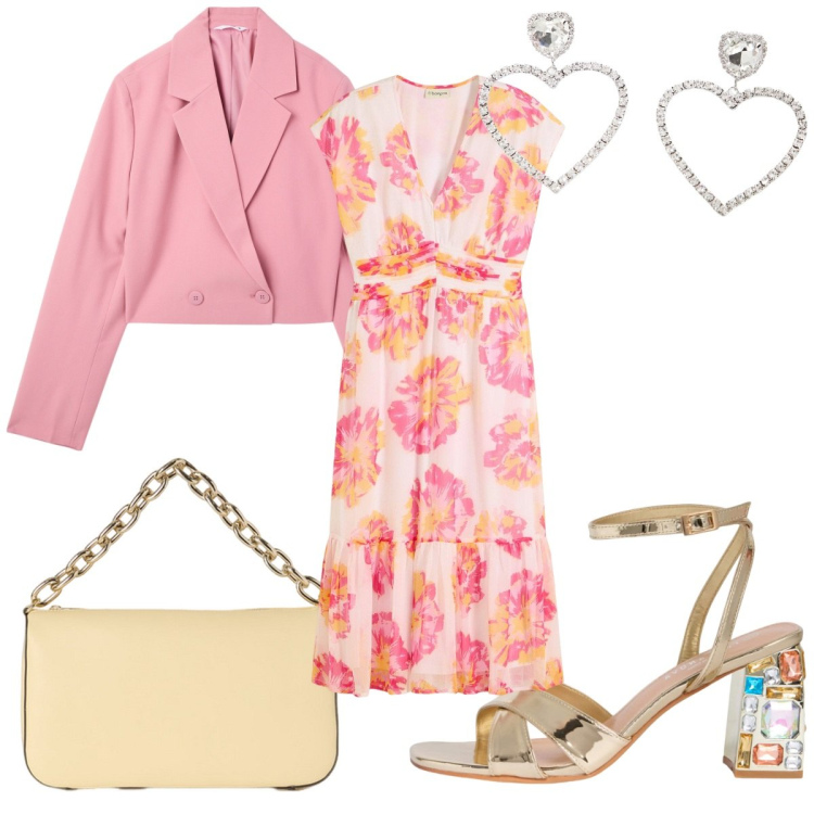 Outfit donna - Total look #2125328. Stile Romantica per Cerimonia. Abbinamento con vestiti midi/longuette, blazer, sandali gioiello, orecchini, borse a tracolla.