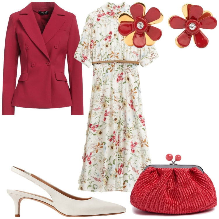 Outfit donna - Total look #2125332. Stile Romantica per Cerimonia. Abbinamento con blazer, vestiti midi/longuette, décolleté, orecchini, pochette.