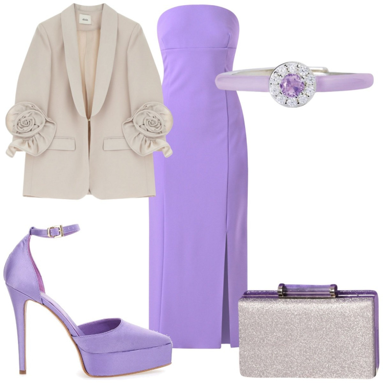 Outfit donna - Total look #2125334. Stile Glamour per Cerimonia. Abbinamento con anelli, pochette, vestiti midi/longuette, blazer, décolleté.
