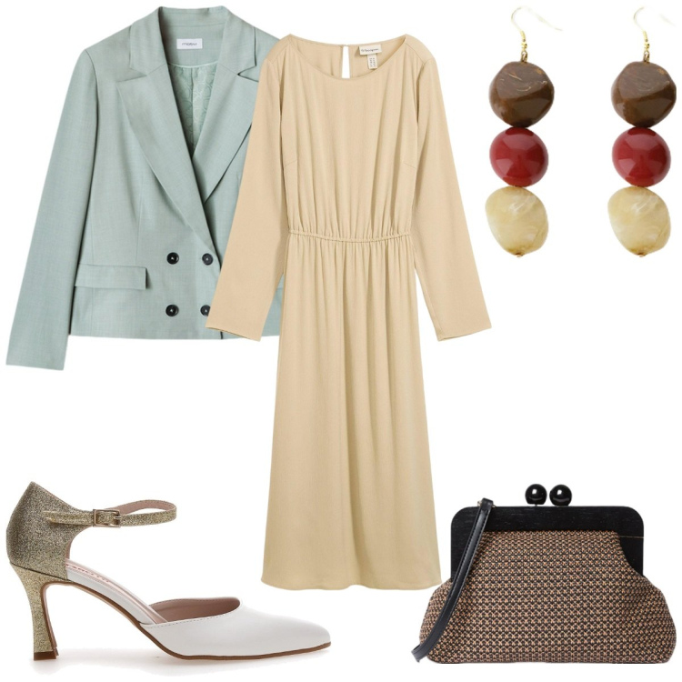 Outfit donna - Total look #2125335. Stile Minimal per Cerimonia. Abbinamento con vestiti midi/longuette, orecchini, décolleté, blazer, clutch.