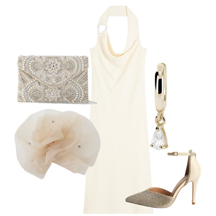 Outfit donna - Cerimonia midi. Stile Chic per Cerimonia. Abbinamento con pochette, vestiti midi/longuette, décolleté, orecchini, foulard.