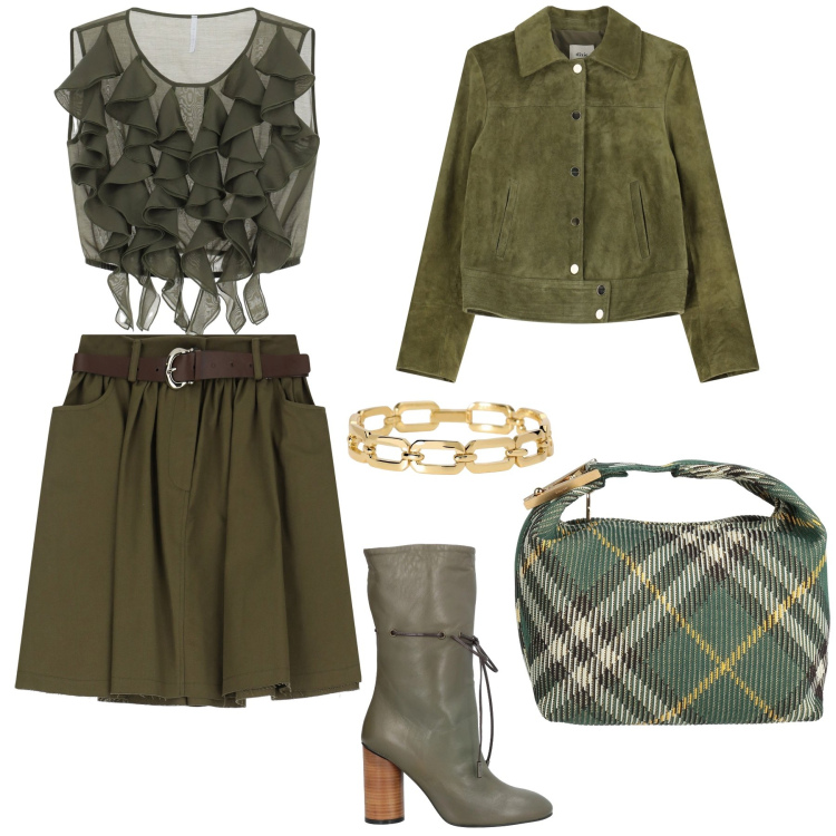 Outfit donna - Giocare coni toni del verde. Stile Sporty chic per Tutti i giorni. Abbinamento con stivaletti, borse a mano, braccialetti, top, giacche, minigonne.