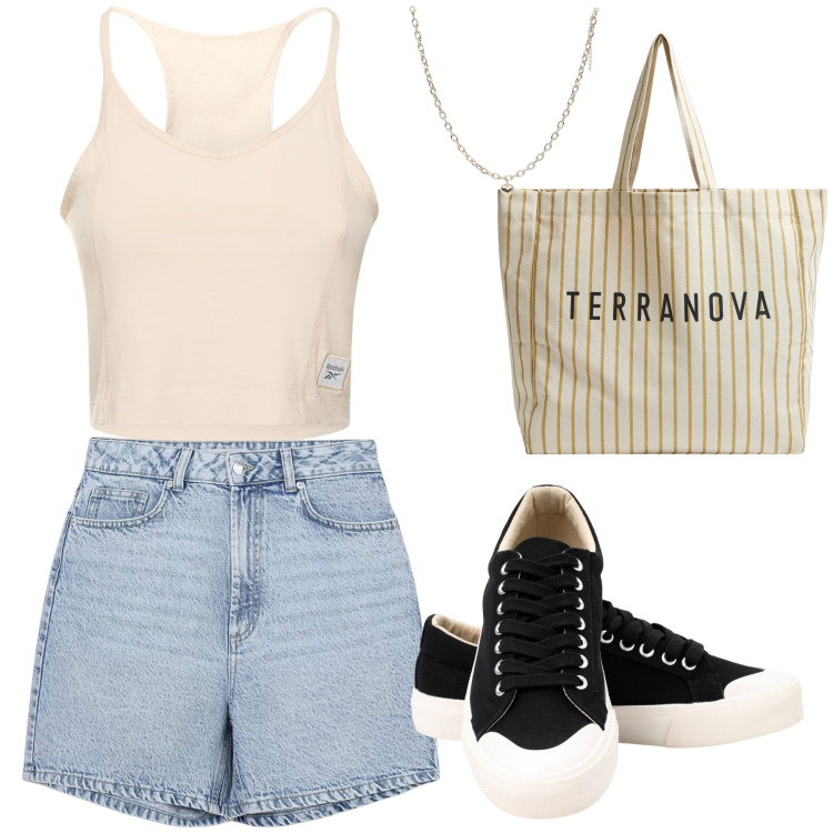Outfit donna - ️️️️. Stile Basic per Tutti i giorni. Abbinamento con collane, bermuda, borse tote, sneakers, top.