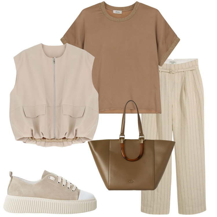 Outfit donna - Casual style. Stile Casual per Ufficio. Abbinamento con pantaloni, sneakers, blazer, t-shirt, shopping bag.
