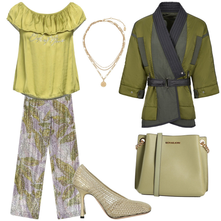 Outfit donna - Ad un evento speciale. Stile Glamour per Serata fuori. Abbinamento con décolleté, borse a spalla, top, pantaloni a palazzo, ciondoli, kimono.