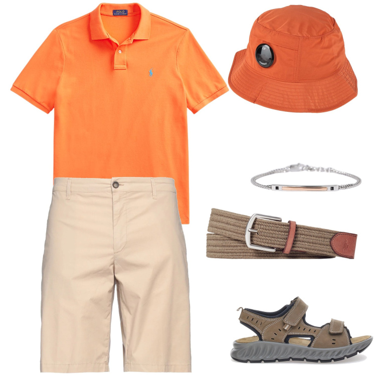 Outfit uomo - Giornata calda. Stile Casual per Tutti i giorni. Abbinamento con cappelli, shorts, braccialetti, cinture, polo, sandali.