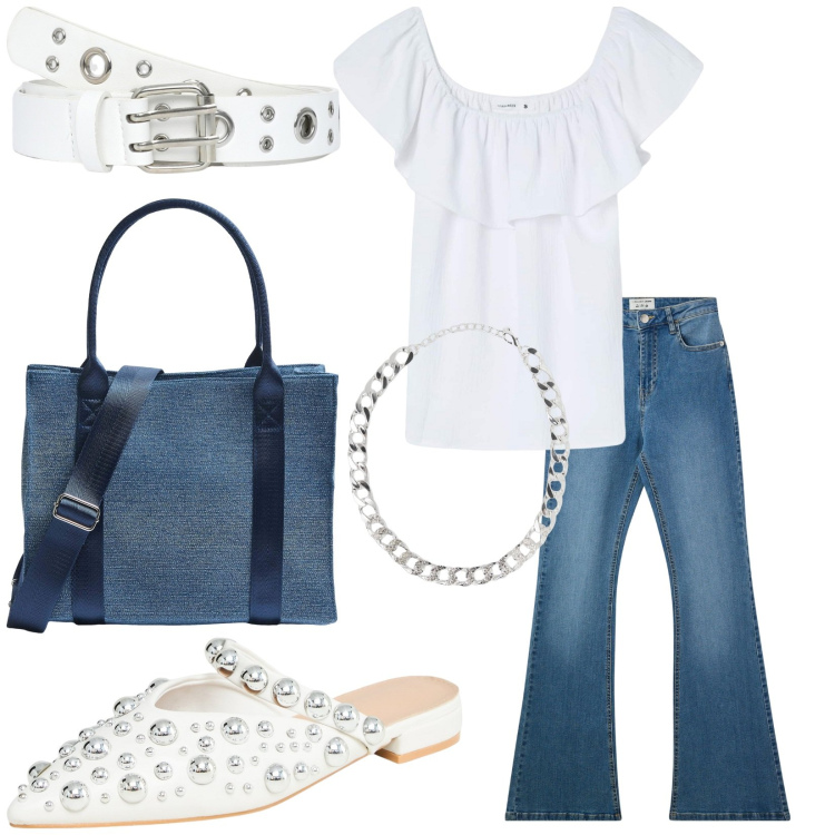 Outfit donna - Total look terranova. Stile Basic per Tutti i giorni. Abbinamento con ballerine, cinture, collane, bluse, shopping bag, jeans a zampa.