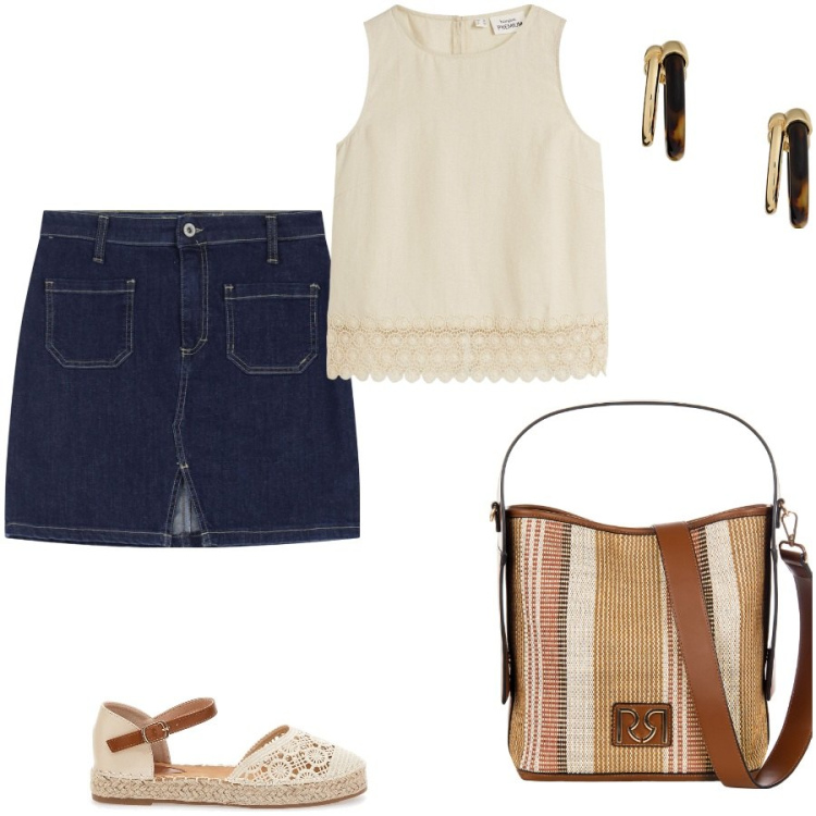 Outfit donna - Le espadrillas. Stile Casual chic per Tutti i giorni. Abbinamento con top, borse a secchiello, minigonne, orecchini, espadrillas.