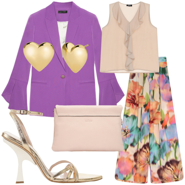 Outfit donna - Il pantalone a fiori. Stile Romantica per Cerimonia. Abbinamento con orecchini, pantaloni a palazzo, top, sandali col tacco, blazer, borse a tracolla.