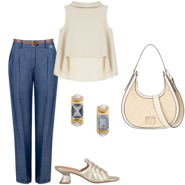 Outfit donna - Riunione di lavoro. Stile Chic per Ufficio. Abbinamento con sandali in pelle, pantaloni, borse a mano, top, orecchini.