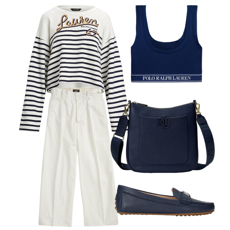 Outfit donna - Felpa a righe RL. Stile Casual per Tutti i giorni. Abbinamento con mocassini, borse a tracolla, pantaloni, canottiere, felpe.