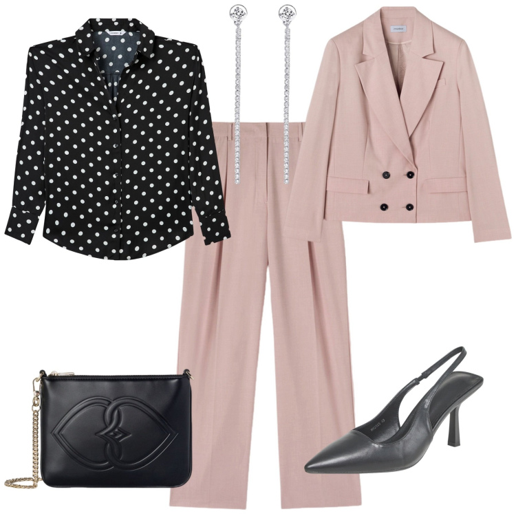 Outfit donna - Maggio freddino. Stile Basic per Cerimonia. Abbinamento con camicie, décolleté, orecchini, pantaloni a palazzo, pochette, blazer.