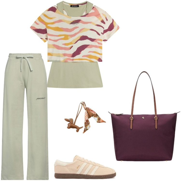 Outfit donna - Time for me. Stile Casual per Tutti i giorni. Abbinamento con pantaloni, t-shirt, portachiavi, borse tote, sneakers.
