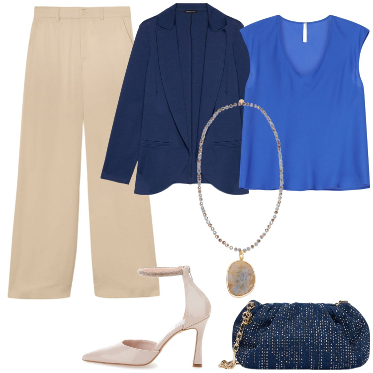 Outfit donna - L\' eleganza del tailleur. Stile Chic per Cerimonia. Abbinamento con top, décolleté, clutch, blazer, ciondoli, pantaloni a palazzo.