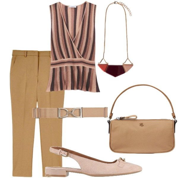 Outfit donna - Serata tra amici. Stile Casual per Serata fuori. Abbinamento con ballerine, cinture, pochette, top, ciondoli, pantaloni.