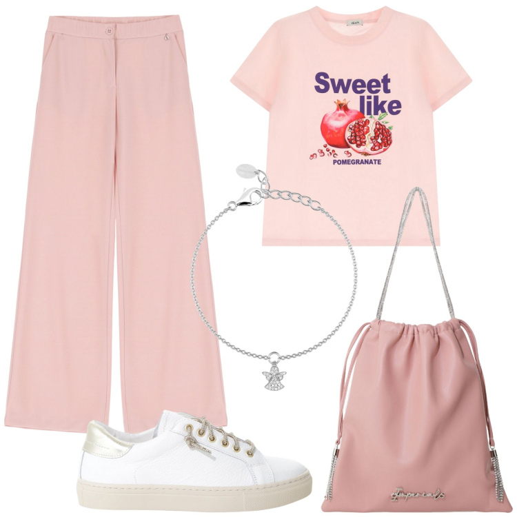 Outfit donna - Tonalità di rosa a maggio. Stile Basic per Tutti i giorni. Abbinamento con braccialetti con ciondoli, sneakers, borse a secchiello, pantaloni, t-shirt.