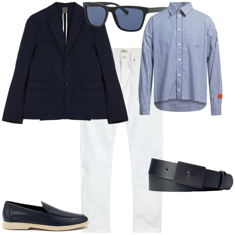 Outfit uomo - Total look #2125395. Stile Trendy per Ufficio. Abbinamento con camicie, giacche, jeans, occhiali da sole, cinture, scarpe stringate.