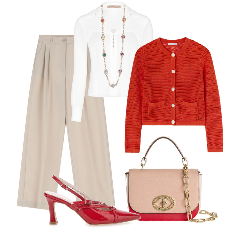 Outfit donna - Elegante tutto il giorno. Stile Glamour per Tutti i giorni. Abbinamento con collane, bluse, pantaloni, décolleté, borse a tracolla, cardigans.