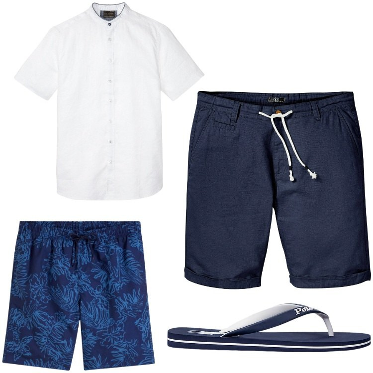 Outfit uomo - Mare blu. Stile Casual per Mare. Abbinamento con camicie a manica corta, pantaloni corti, bermuda, sandali.