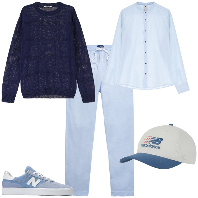 Outfit uomo - Total look #2125406. Stile Trendy per Mare. Abbinamento con cappelli, sneakers, pullovers, camicie, pantaloni.