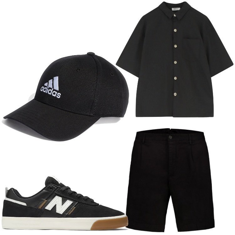 Outfit uomo - All black. Stile Casual per Tutti i giorni. Abbinamento con sneakers, camicie a manica corta, cappelli con visiera, bermuda.