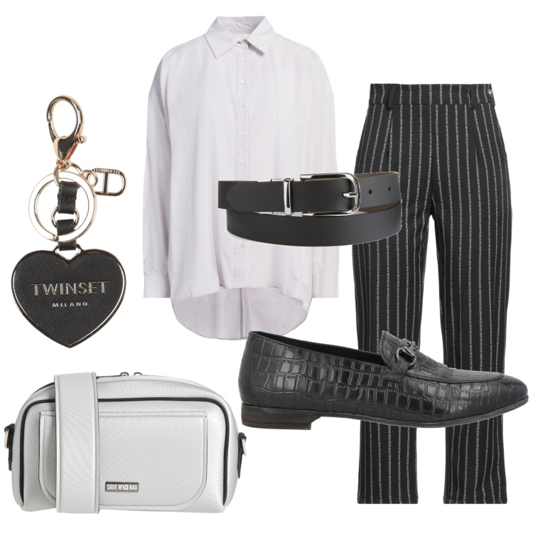 Outfit mujer - Mannish #401. Estilo Mannish para Oficina. Combinación con bandoleras, vaqueros, cinturones, llaveros, camisas, mocasines.