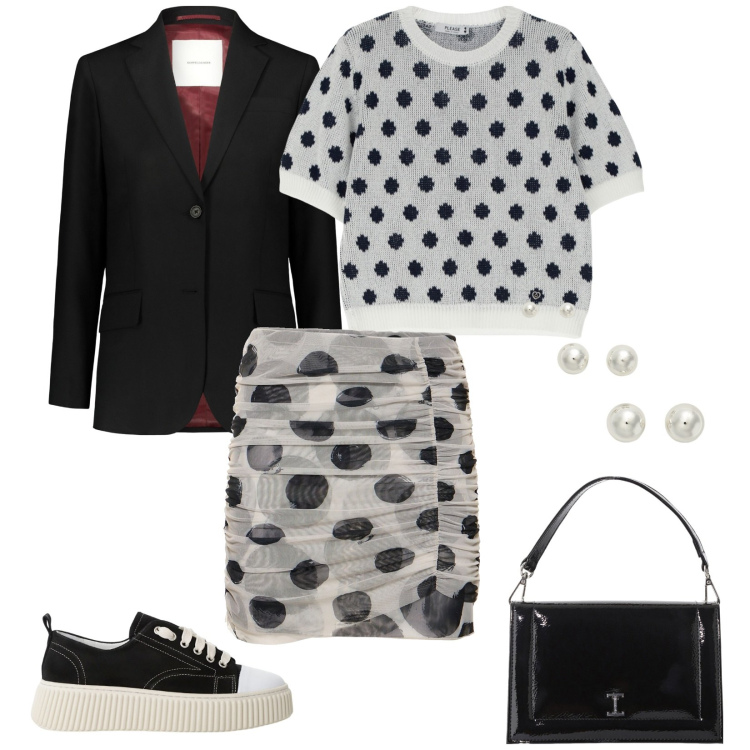 Outfit donna - Compleanno in giardino. per Serata fuori. Abbinamento con maglieria, sneakers, borse a tracolla, orecchini, blazer, minigonne.