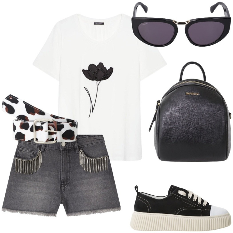 Outfit donna - Tempo libero. Stile Casual chic per Tutti i giorni. Abbinamento con shorts, sneakers, cinture, zaini, occhiali da sole, t-shirt.