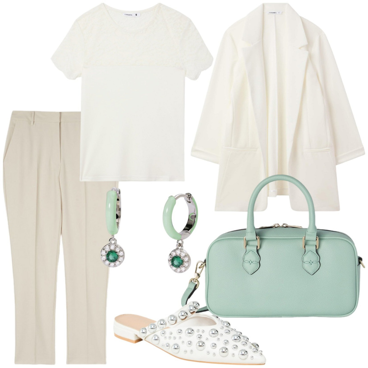 Outfit donna - Casual chic per l\'ufficio. Stile Casual chic per Ufficio. Abbinamento con ballerine, t-shirt, blazer, orecchini, pantaloni, borse a mano.